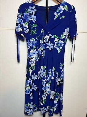 Chaps Blue Floral Cold Shoulder Faux Wrap Midi Dress Size Small
